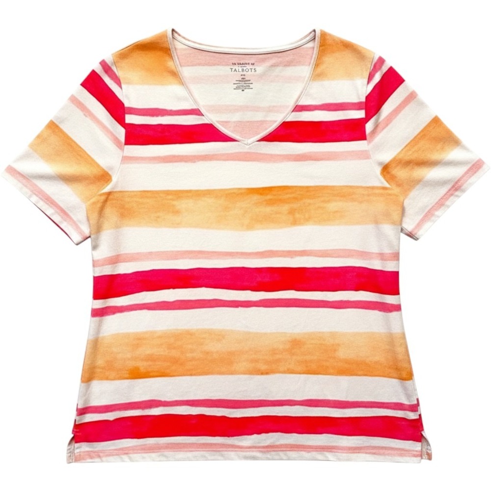 Talbots Plus 1X Pink Orange Watercolor Striped V-Neck Short Sleeve Tee Shirt